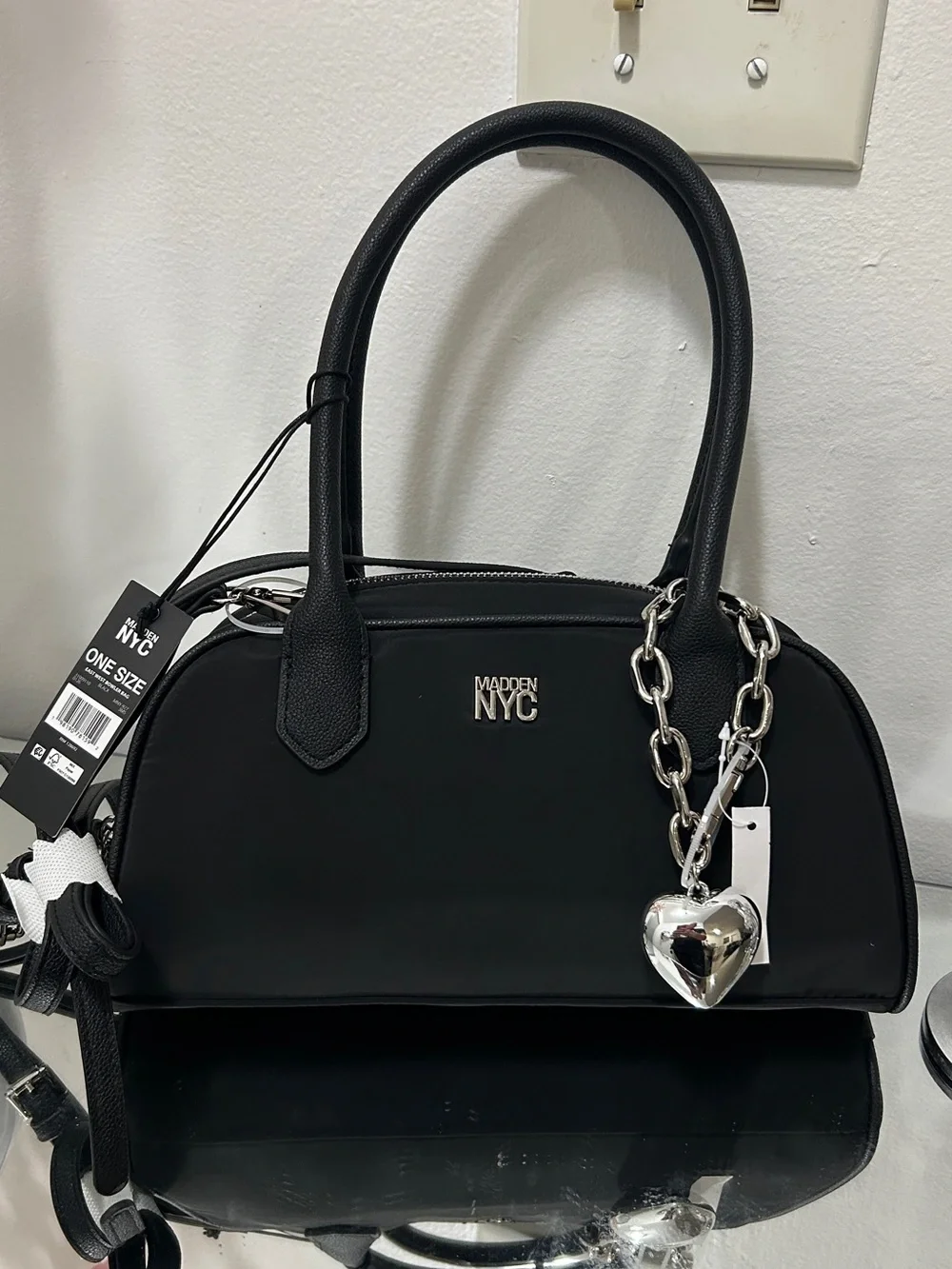 Madden NYC Black East West Bowler Bag Heart Charm NWT Crossbody Satchel